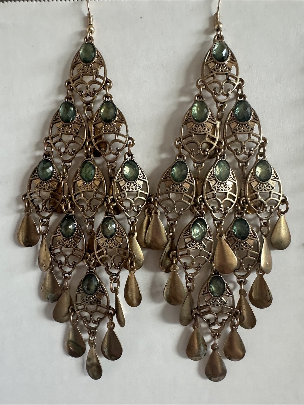 Antique-Style Filigree Chandelier Earrings with Green Stones